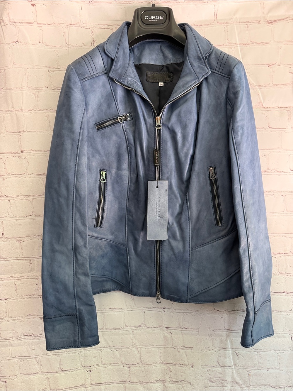Italian Leather Blue Moto Bomber Jacket By CURGÉ Woman’s Size EU 50 US XL